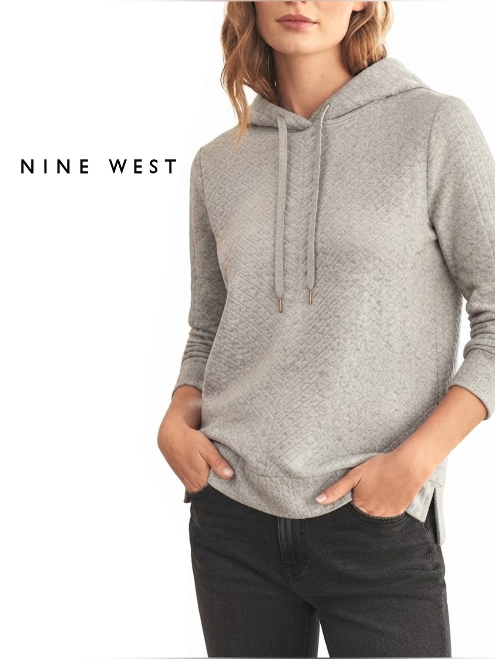 Nine West
Women’s Diagonal Ribbed Pullover Hoodie Textured Sweater